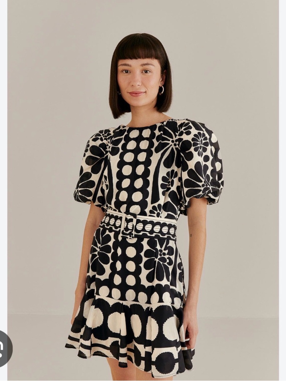 FARM Rio Palermo Black & White Puff-Sleeve Printed Belted Mini Dress Drop Waist